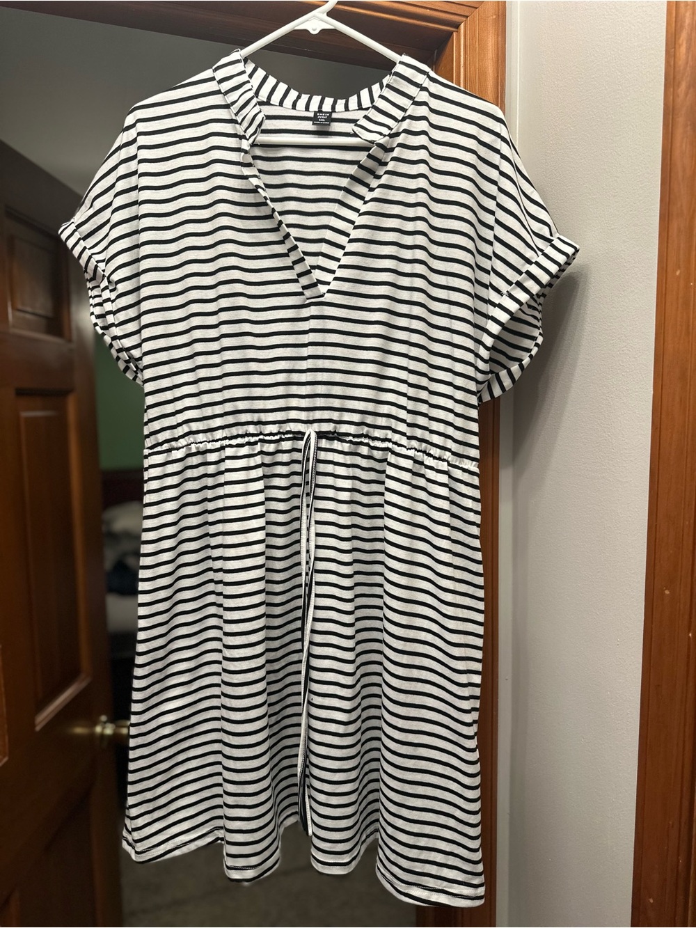 SHEIN Black and White Striped V-Neck Drawstring Dress